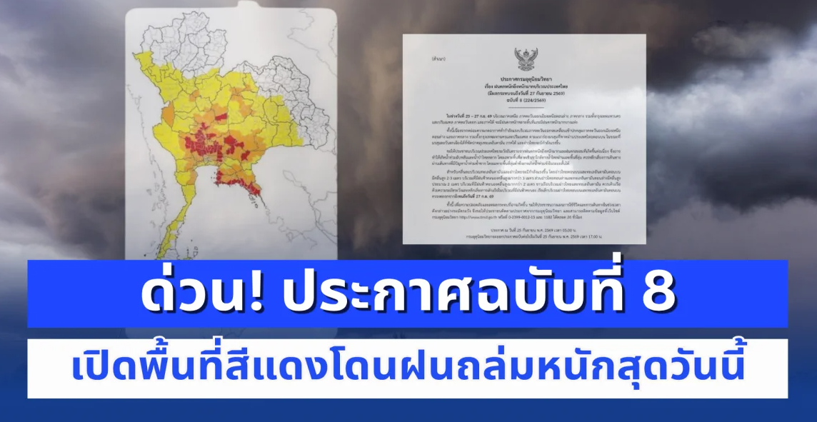 ด่วน! อุตุฯ ประกาศฉบับที่ 8 ฝนตกหนักมาก เปิดรายชื่อจังหวัดพื้นที่สีแดงโดนหนักสุดวันนี้